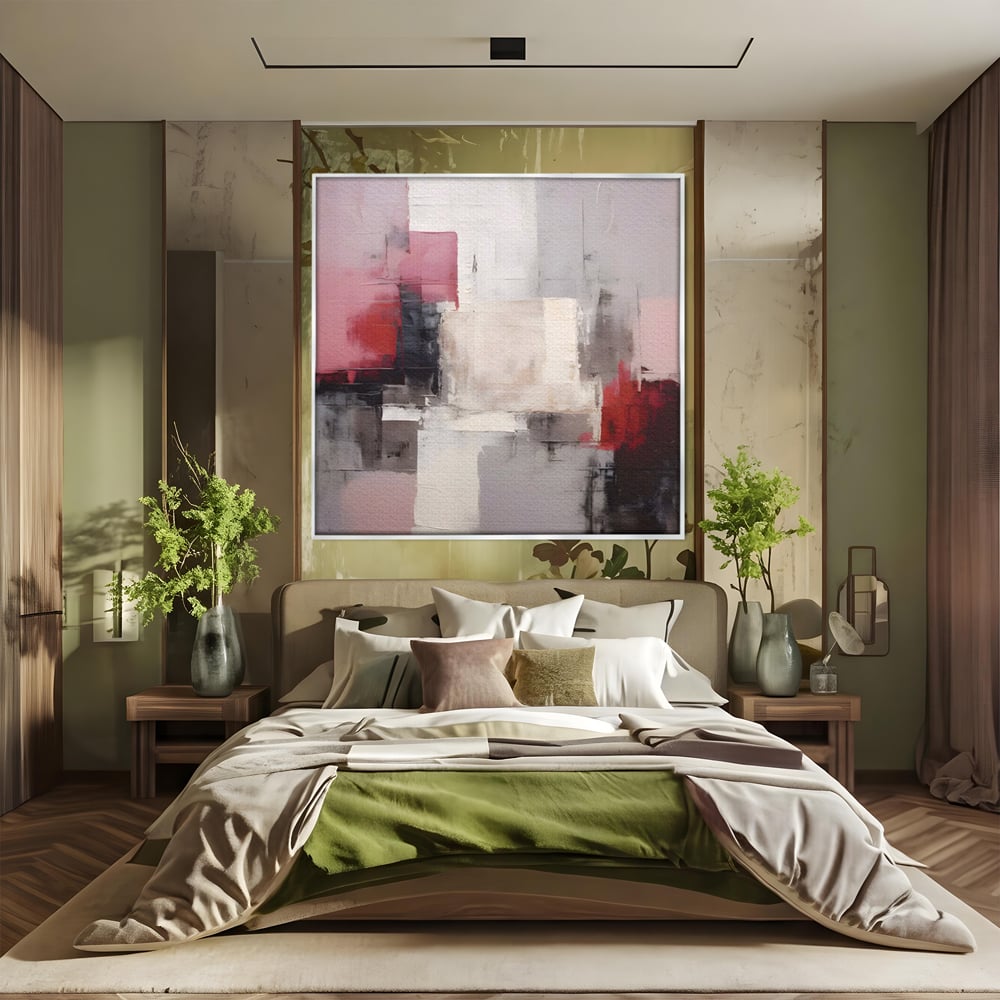 Tablou canvas cu pictura abstracta cu blocuri rosii si negre, in rama de aluminiu argintiu, pe perete intr-un dormitor